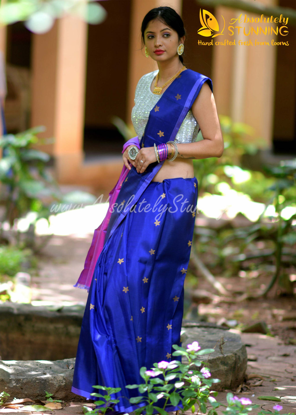 PARIJATHAM Hand Woven Navy Blue Floral
