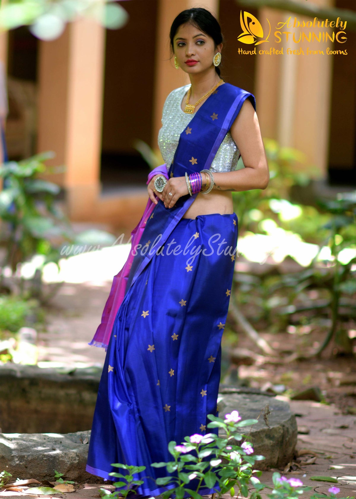 PARIJATHAM Hand Woven Navy Blue Floral