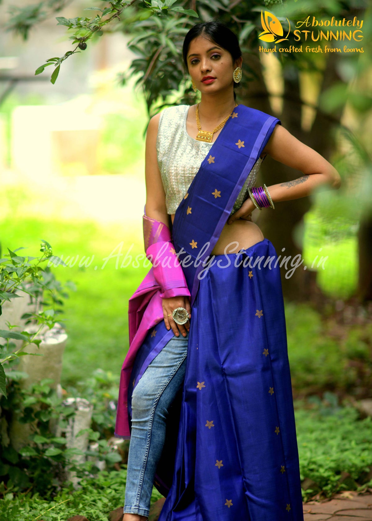 PARIJATHAM Hand Woven Navy Blue Floral