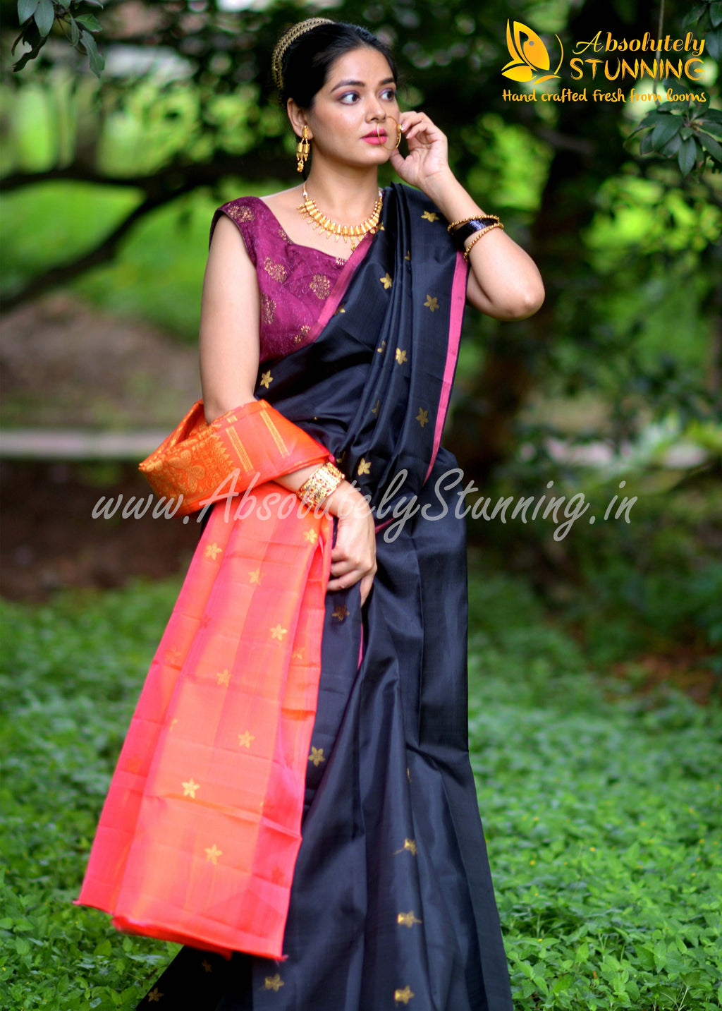 PARIJATHAM Hand Woven Black Floral Motif