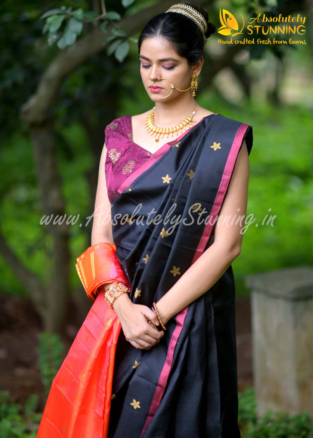 PARIJATHAM Hand Woven Black Floral Motif