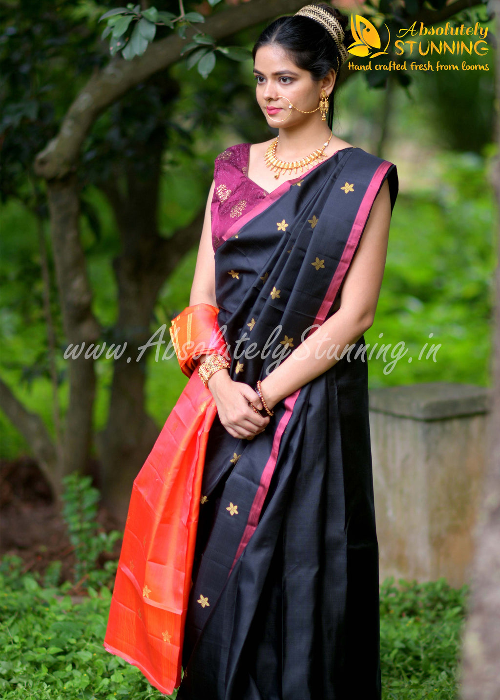 PARIJATHAM Hand Woven Black Floral Motif