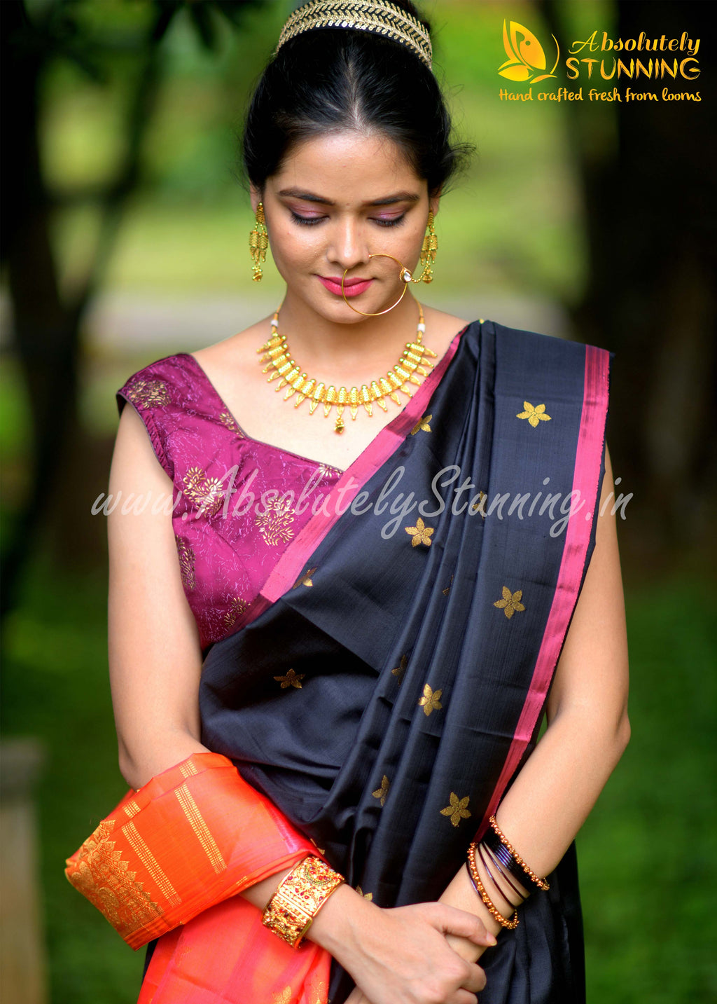 PARIJATHAM Hand Woven Black Floral Motif