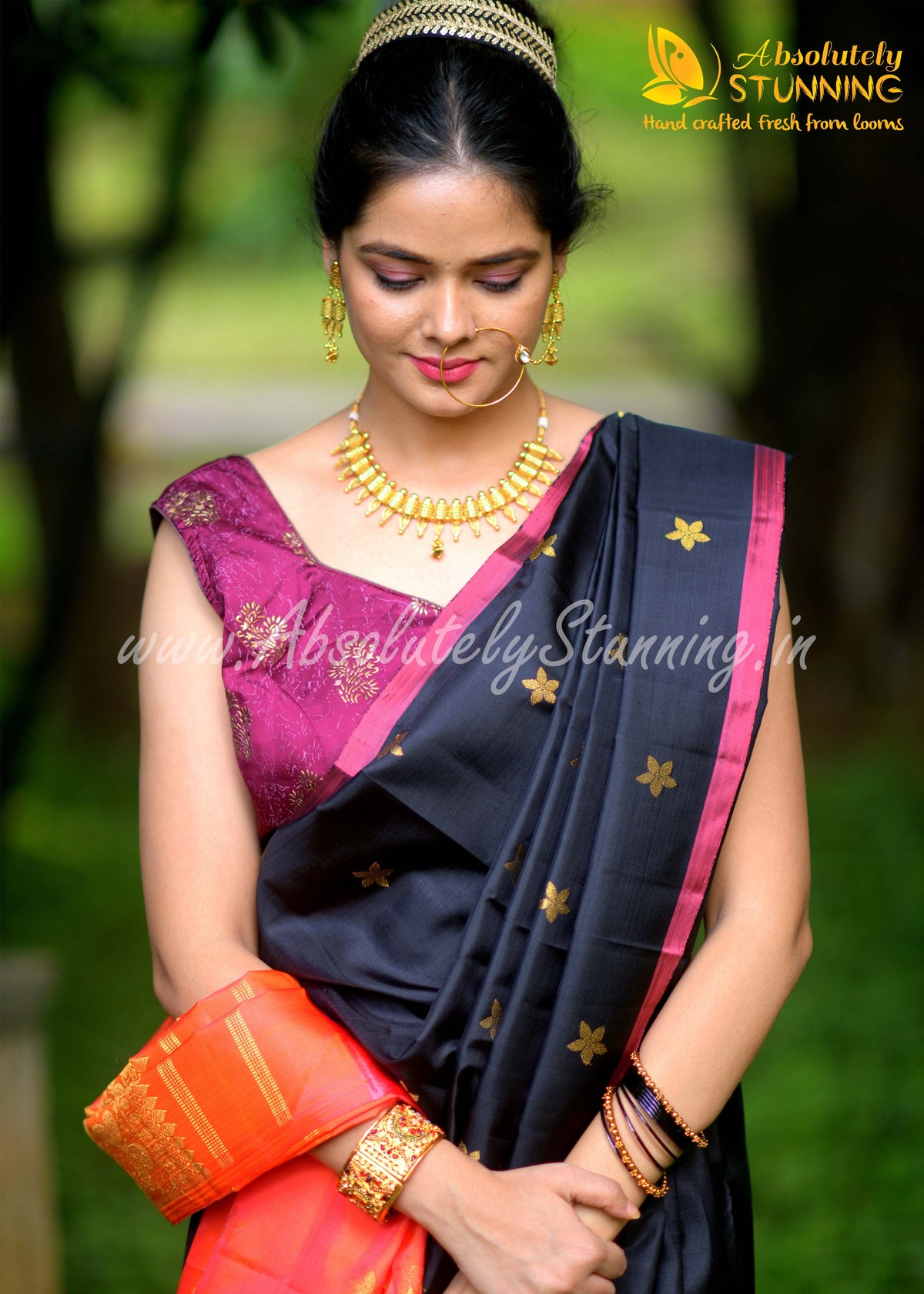 PARIJATHAM Hand Woven Black Floral Motif