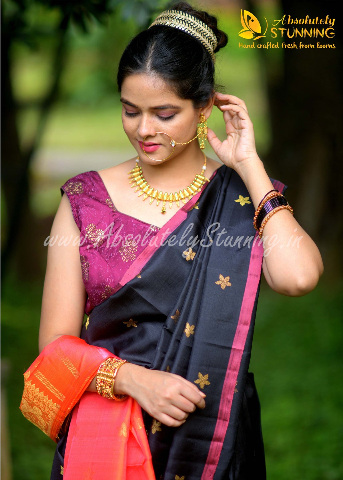 PARIJATHAM Hand Woven Black Floral Motif