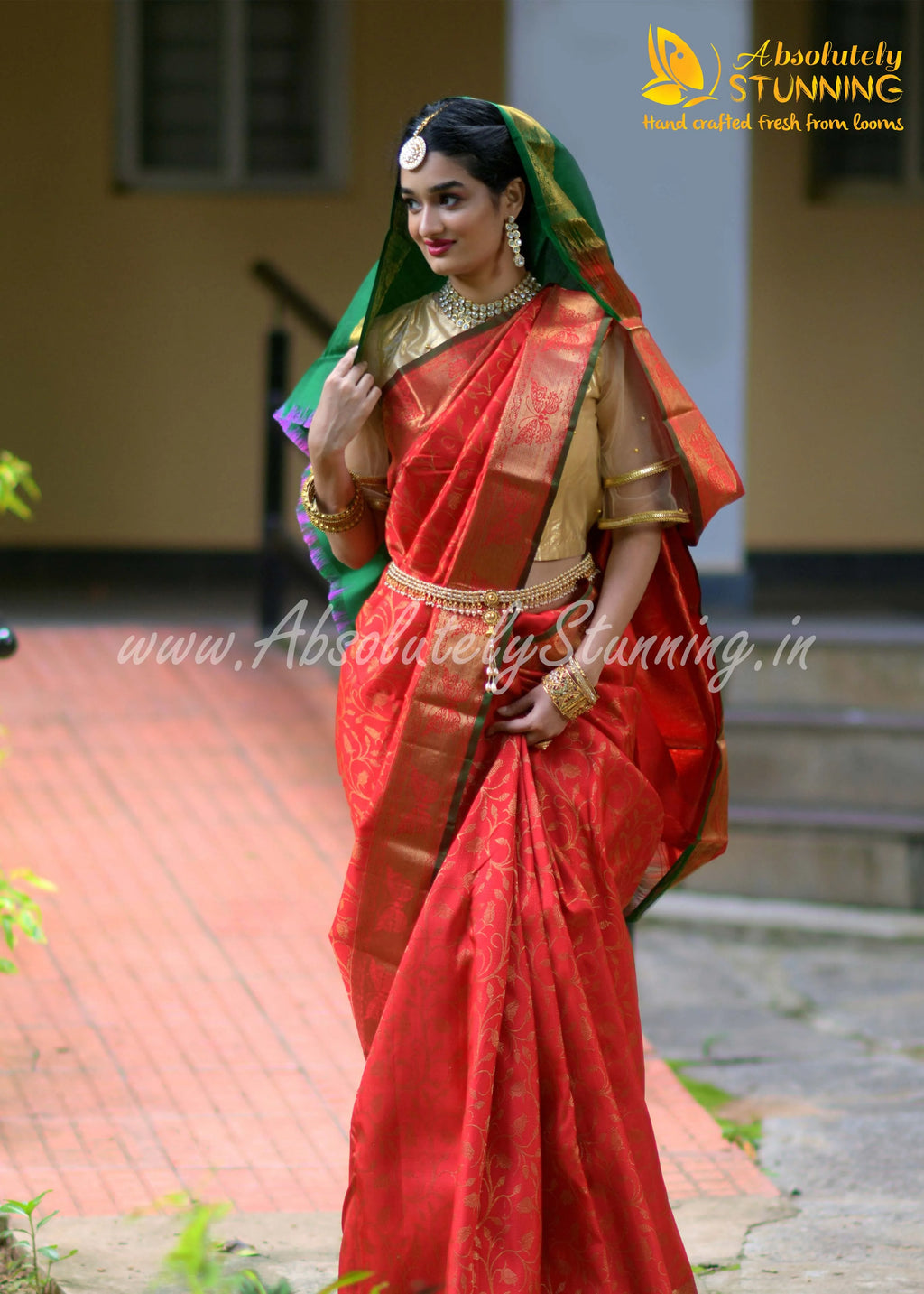 ROJAVANAM Hand Woven Vermillion Red Bridal