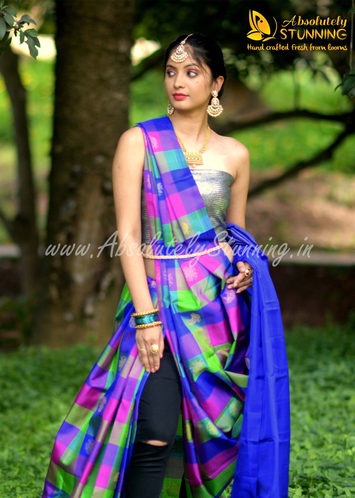 PANJAVARNAM Hand Woven Multicolour (Blue, Pink and Green)