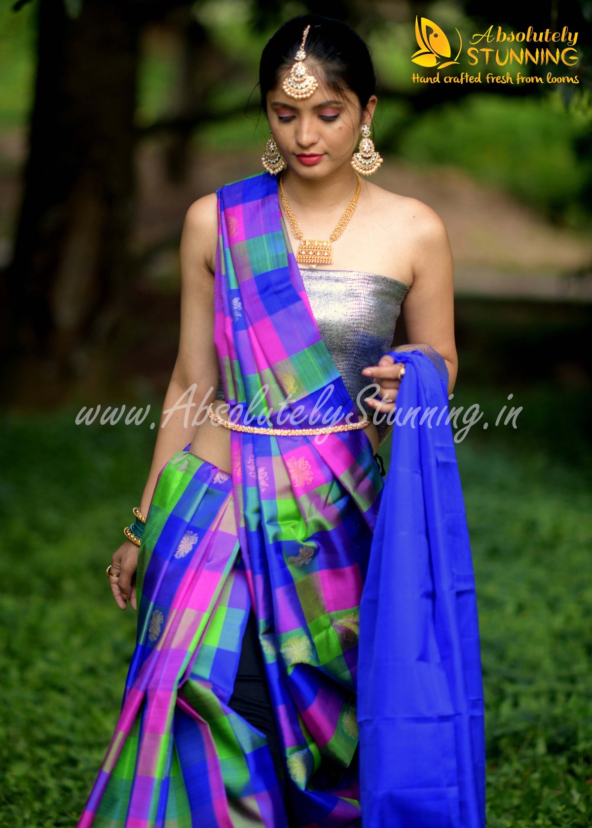 PANJAVARNAM Hand Woven Multicolour (Blue, Pink and Green)