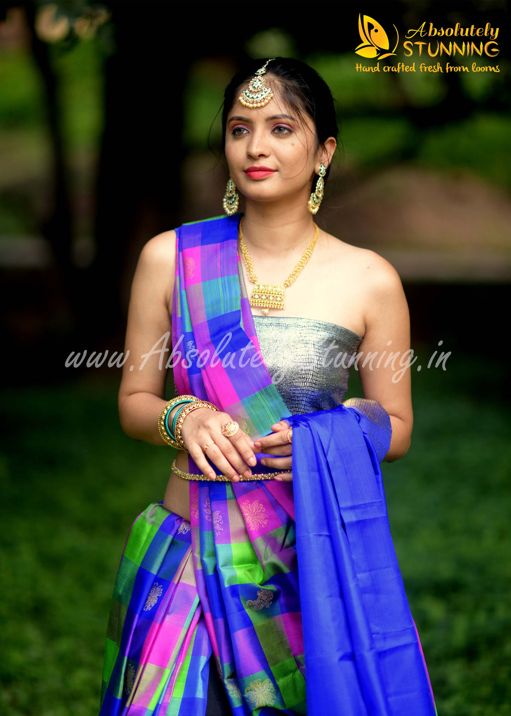 PANJAVARNAM Hand Woven Multicolour (Blue, Pink and Green)