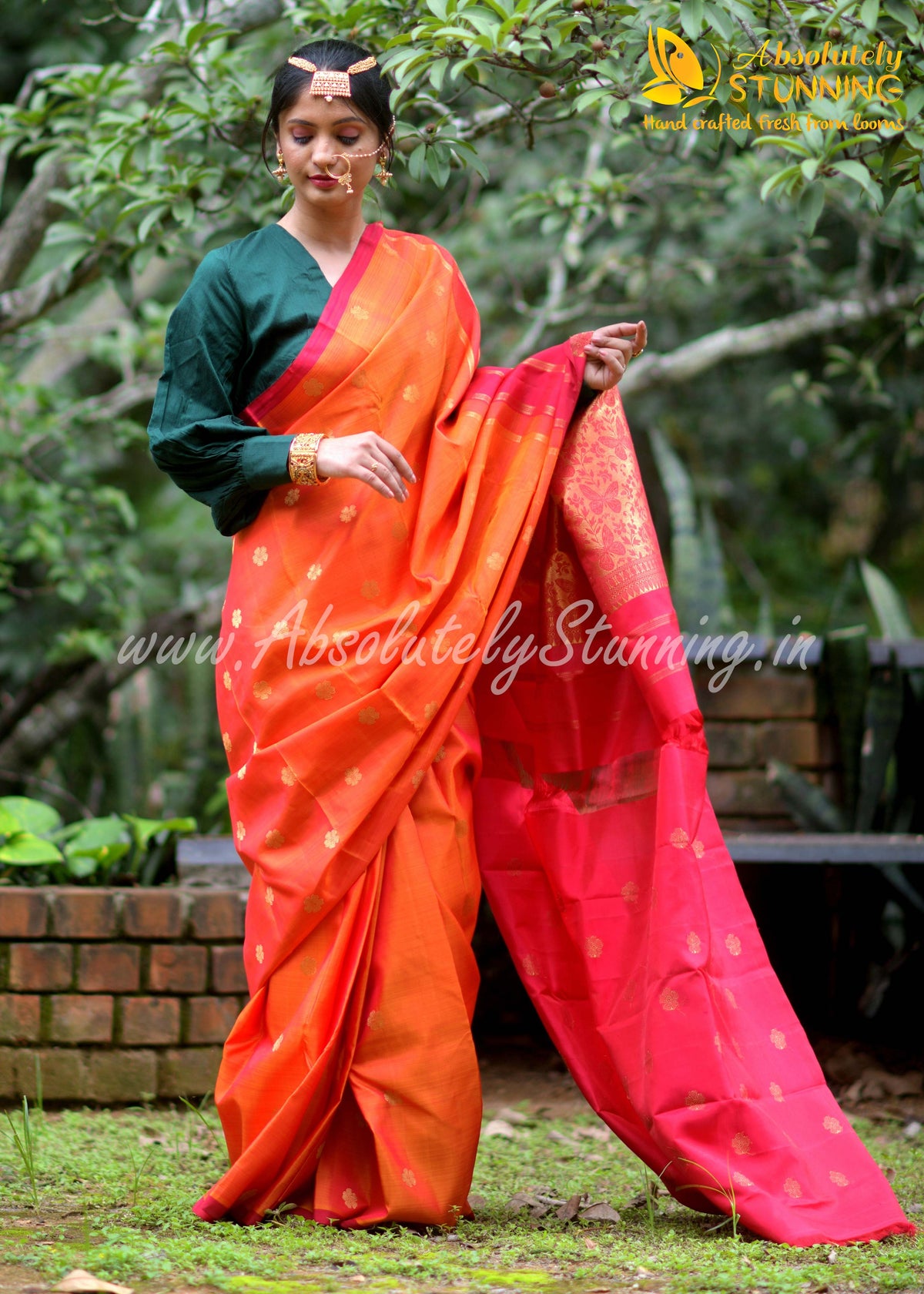 PARIJATHAM Hand Woven Fire Orange Floral Motif