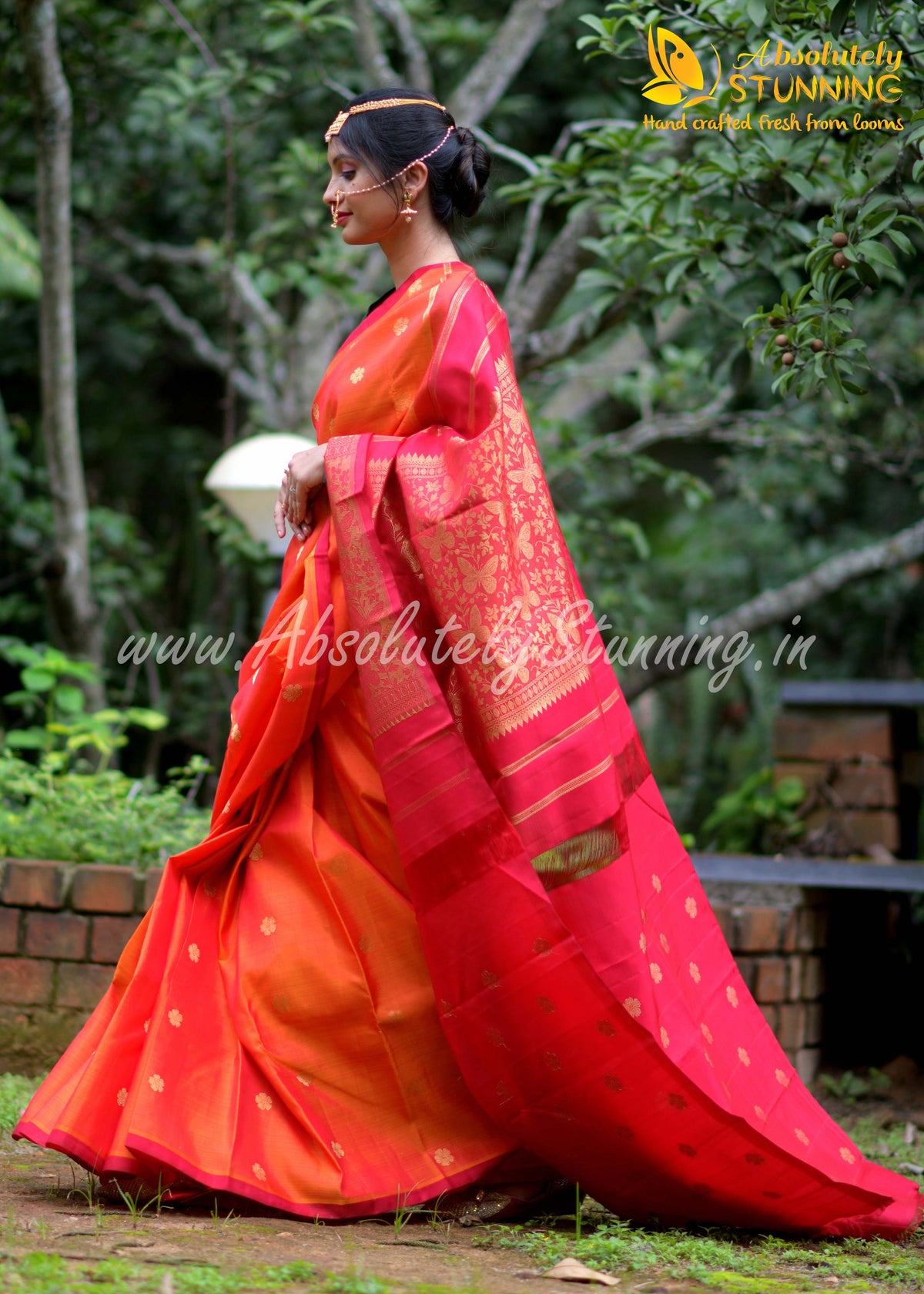 PARIJATHAM Hand Woven Fire Orange Floral Motif