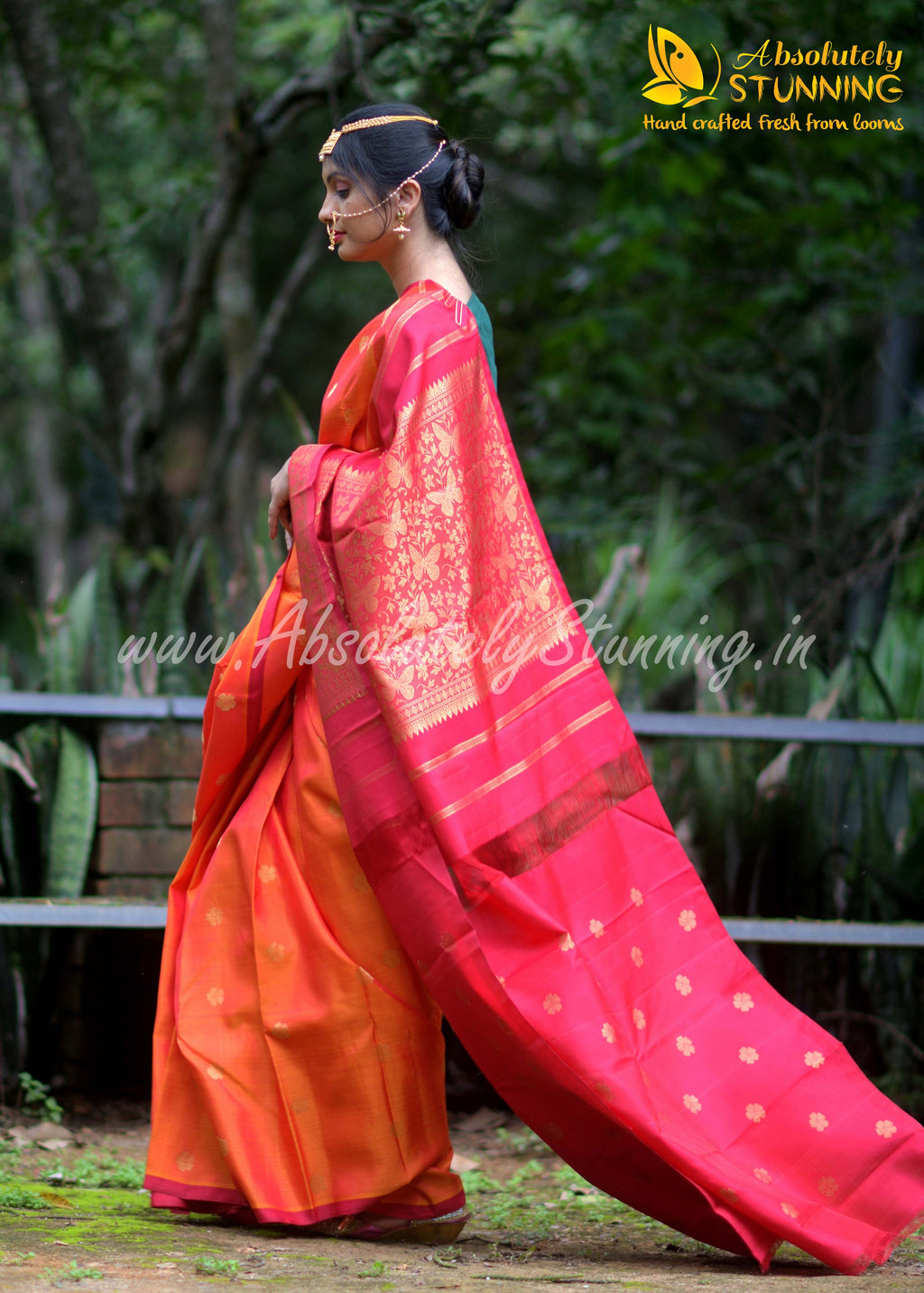 PARIJATHAM Hand Woven Fire Orange Floral Motif