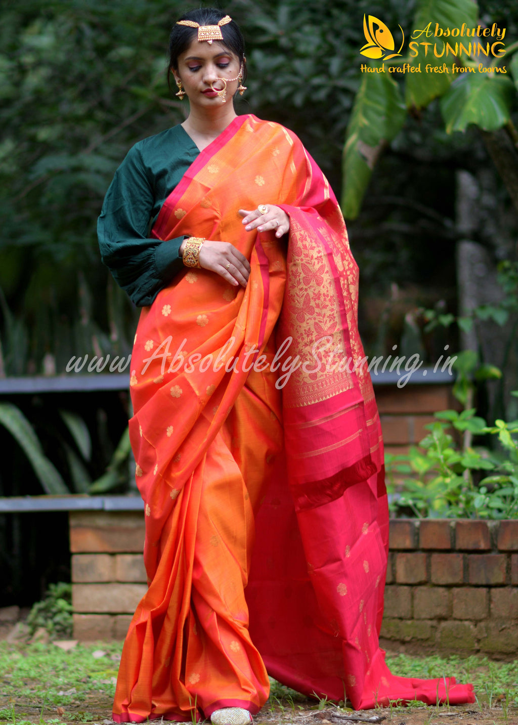 PARIJATHAM Hand Woven Fire Orange Floral Motif