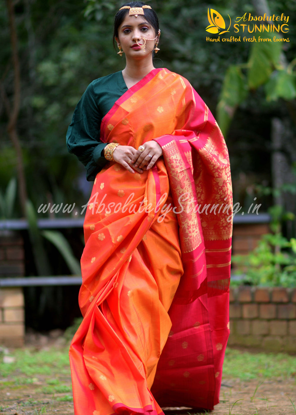 PARIJATHAM Hand Woven Fire Orange Floral Motif