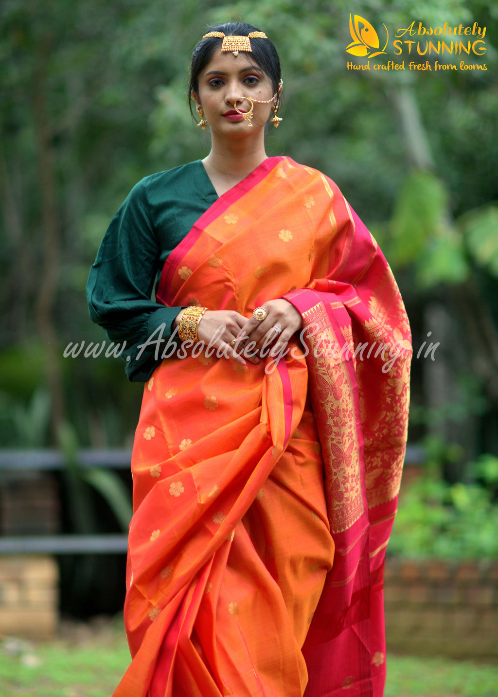 PARIJATHAM Hand Woven Fire Orange Floral Motif