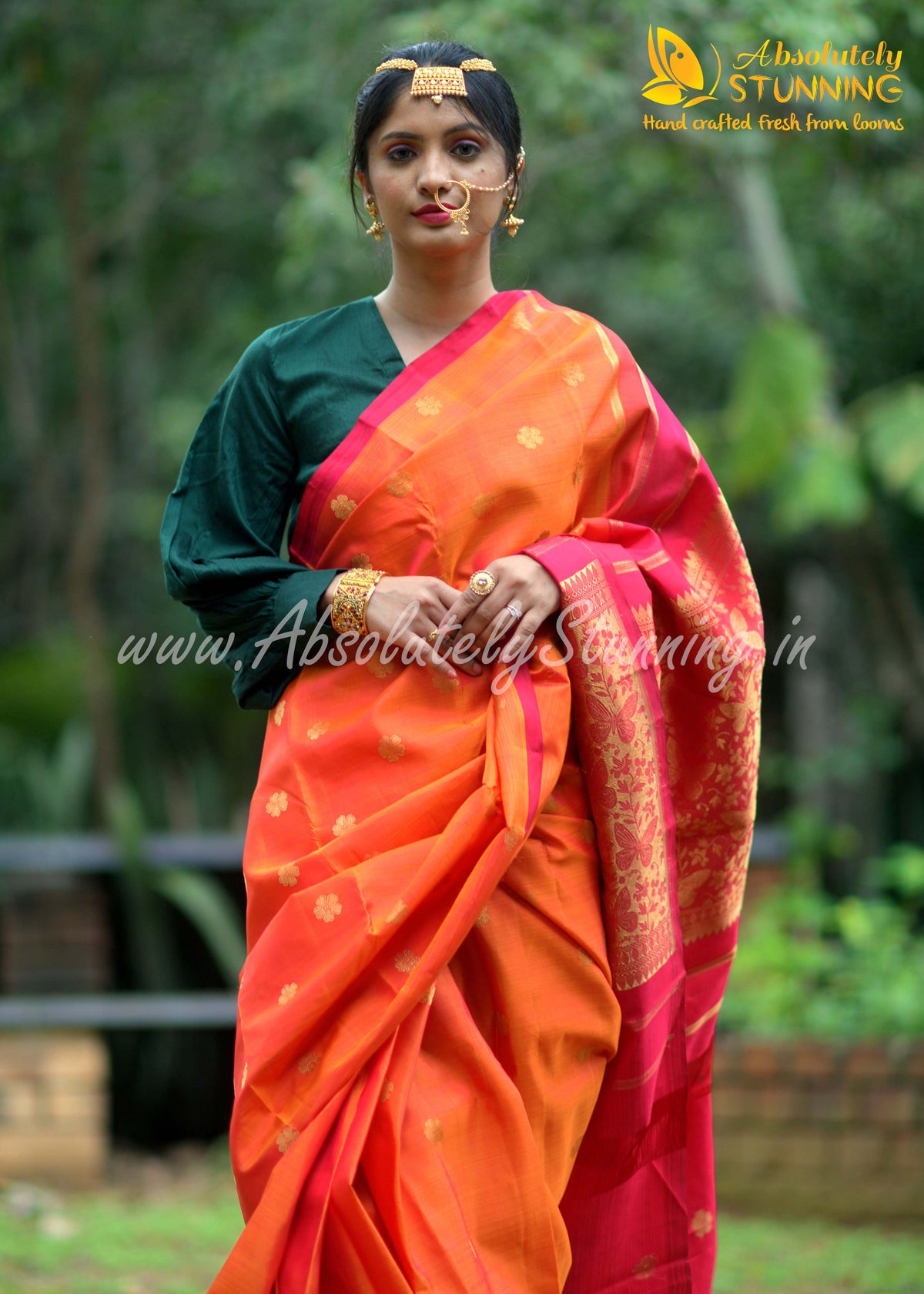 PARIJATHAM Hand Woven Fire Orange Floral Motif