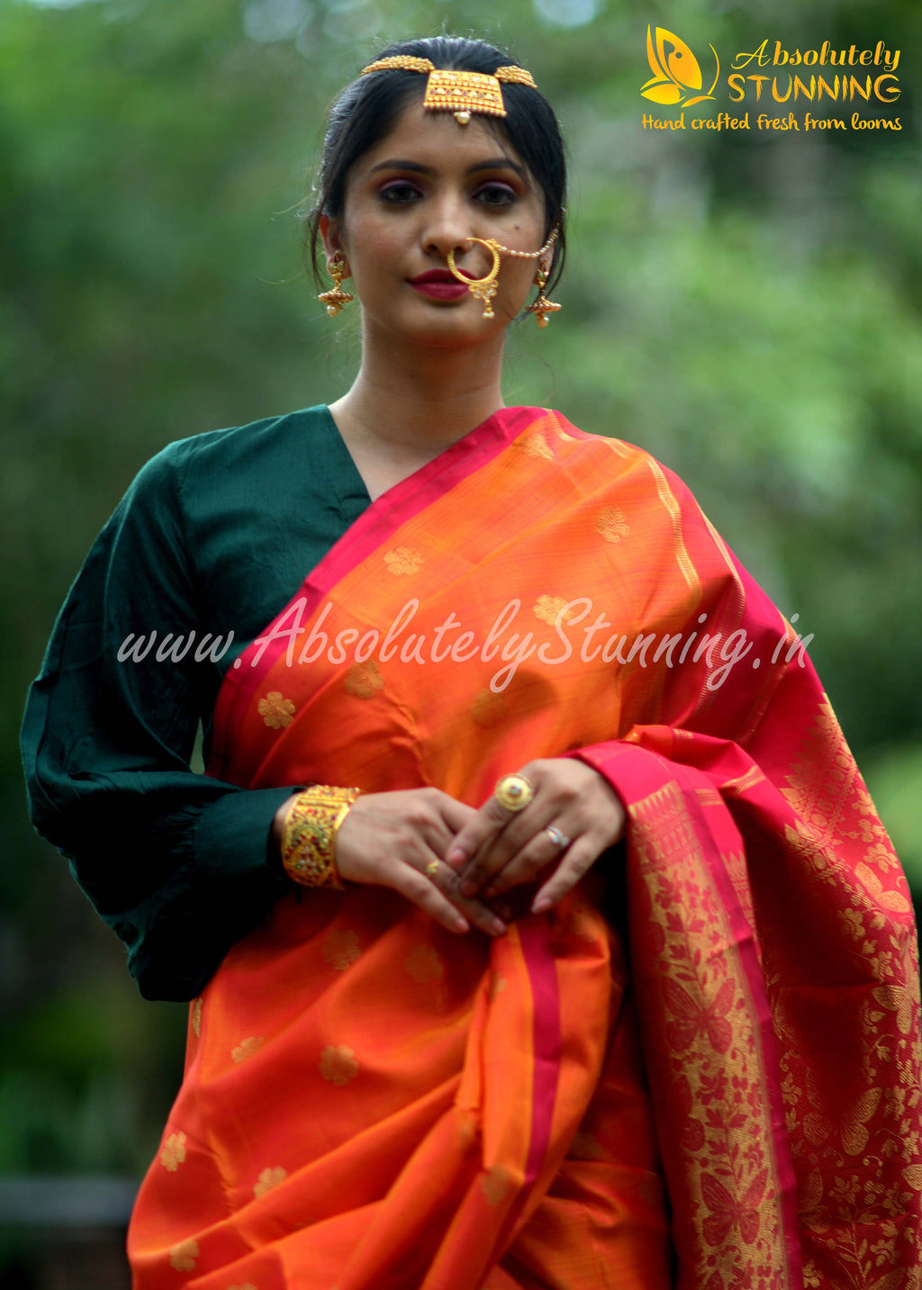 PARIJATHAM Hand Woven Fire Orange Floral Motif