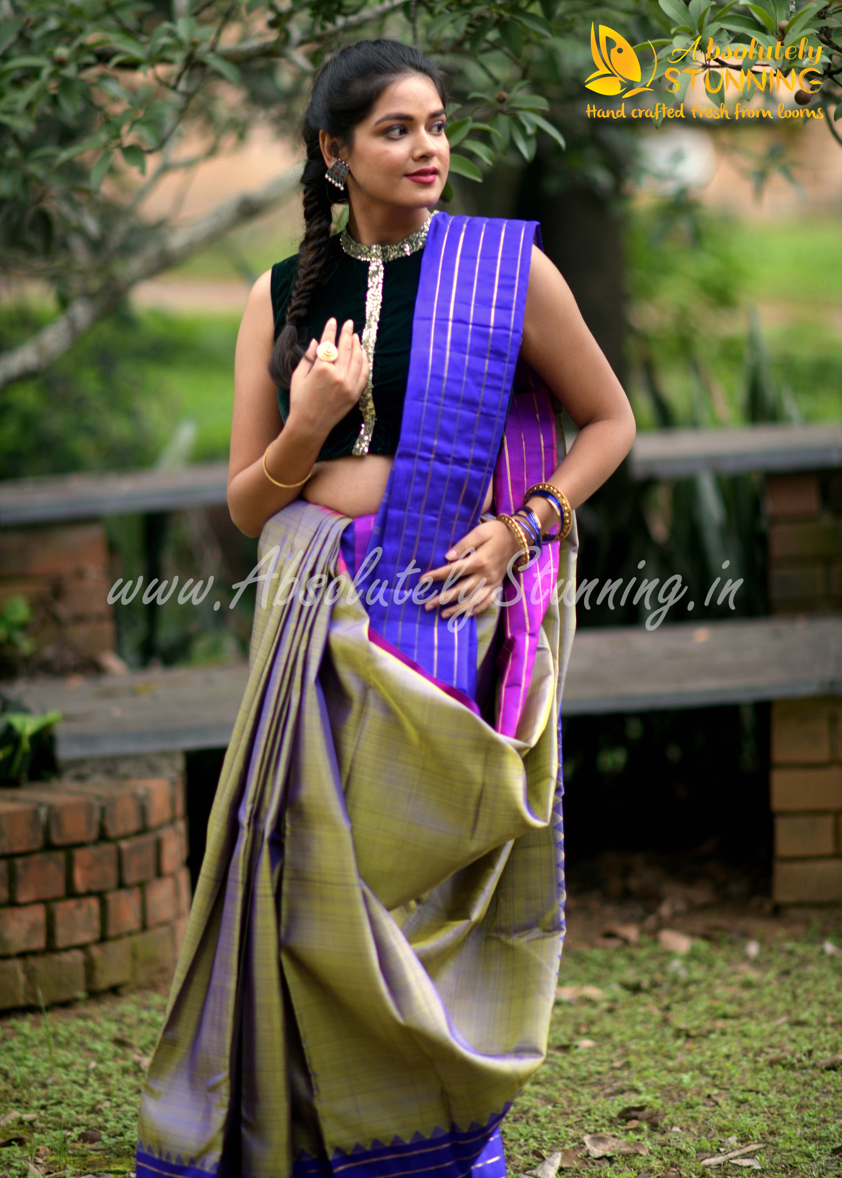 TRIVARNAM Hand Woven Tricolour Golden Mustard