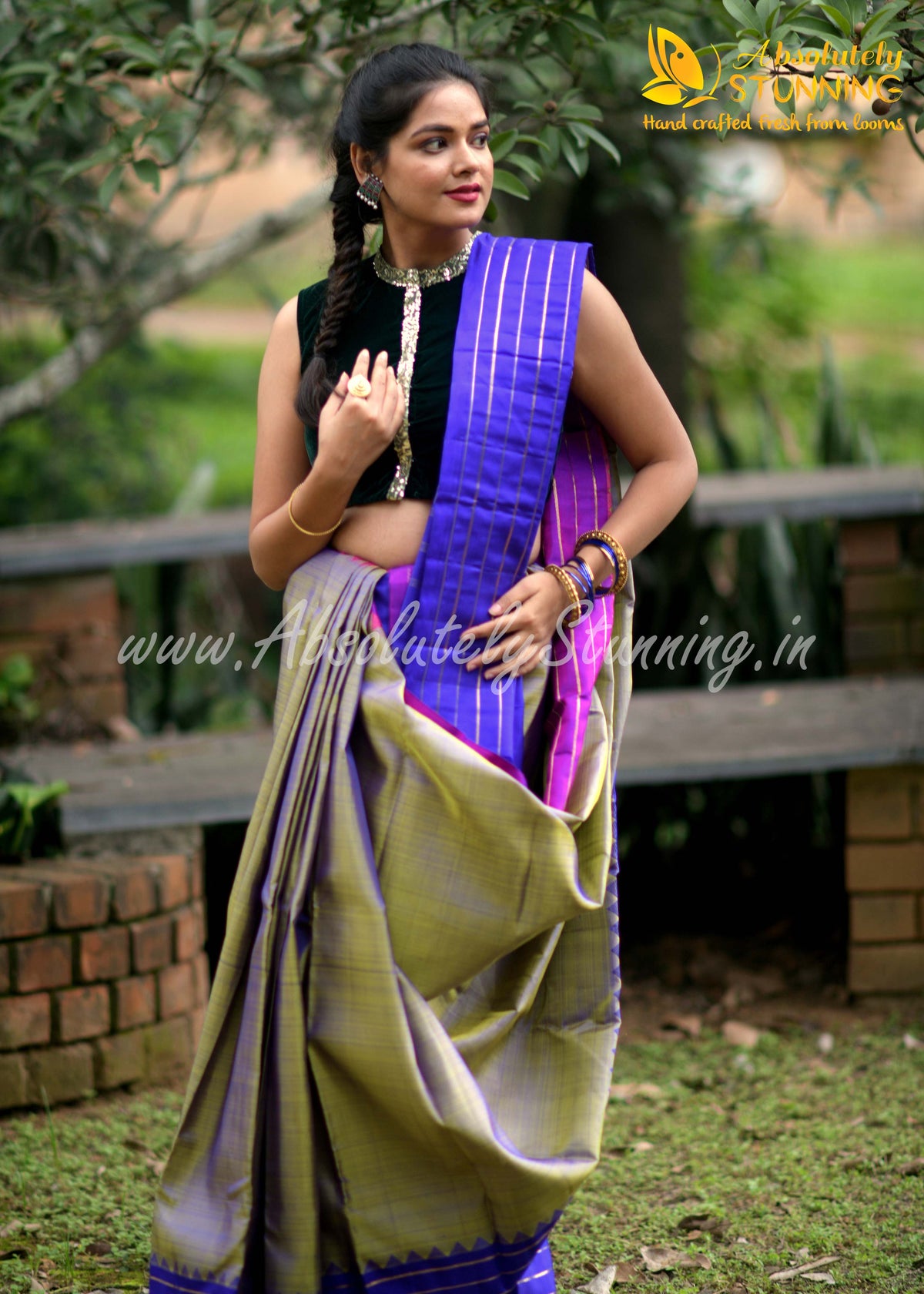 TRIVARNAM Hand Woven Tricolour Golden Mustard