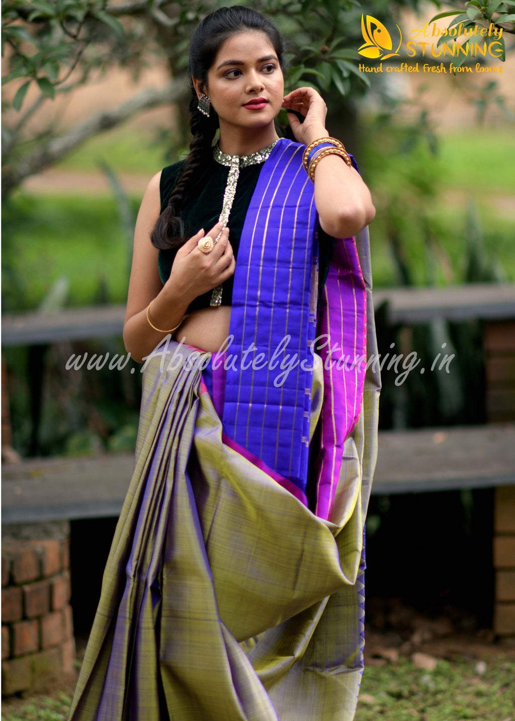 TRIVARNAM Hand Woven Tricolour Golden Mustard