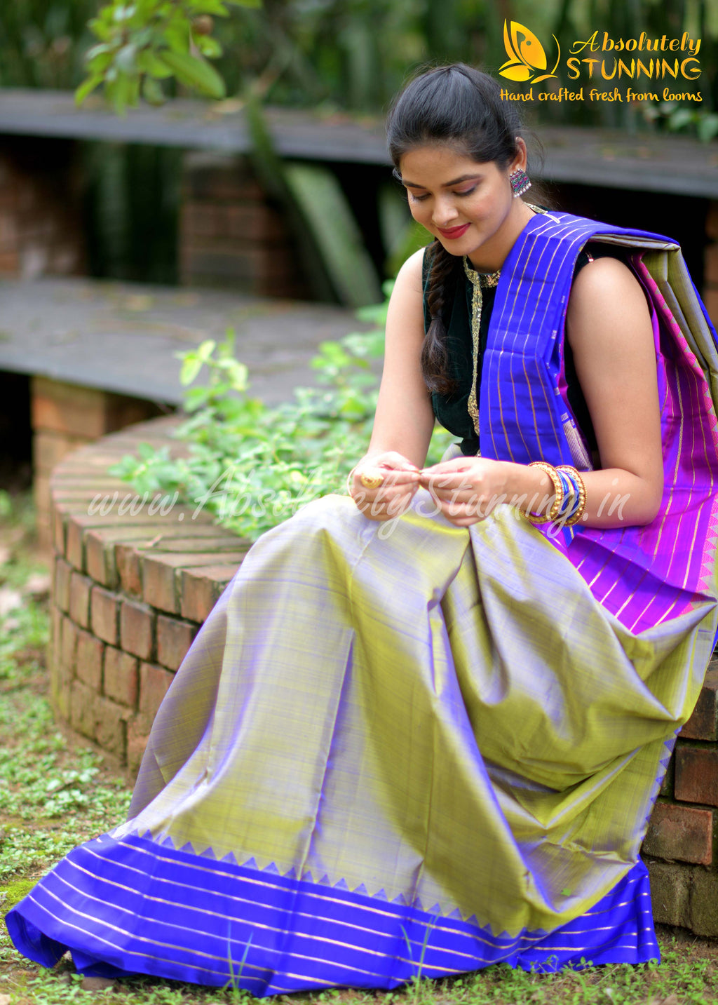 TRIVARNAM Hand Woven Tricolour Golden Mustard