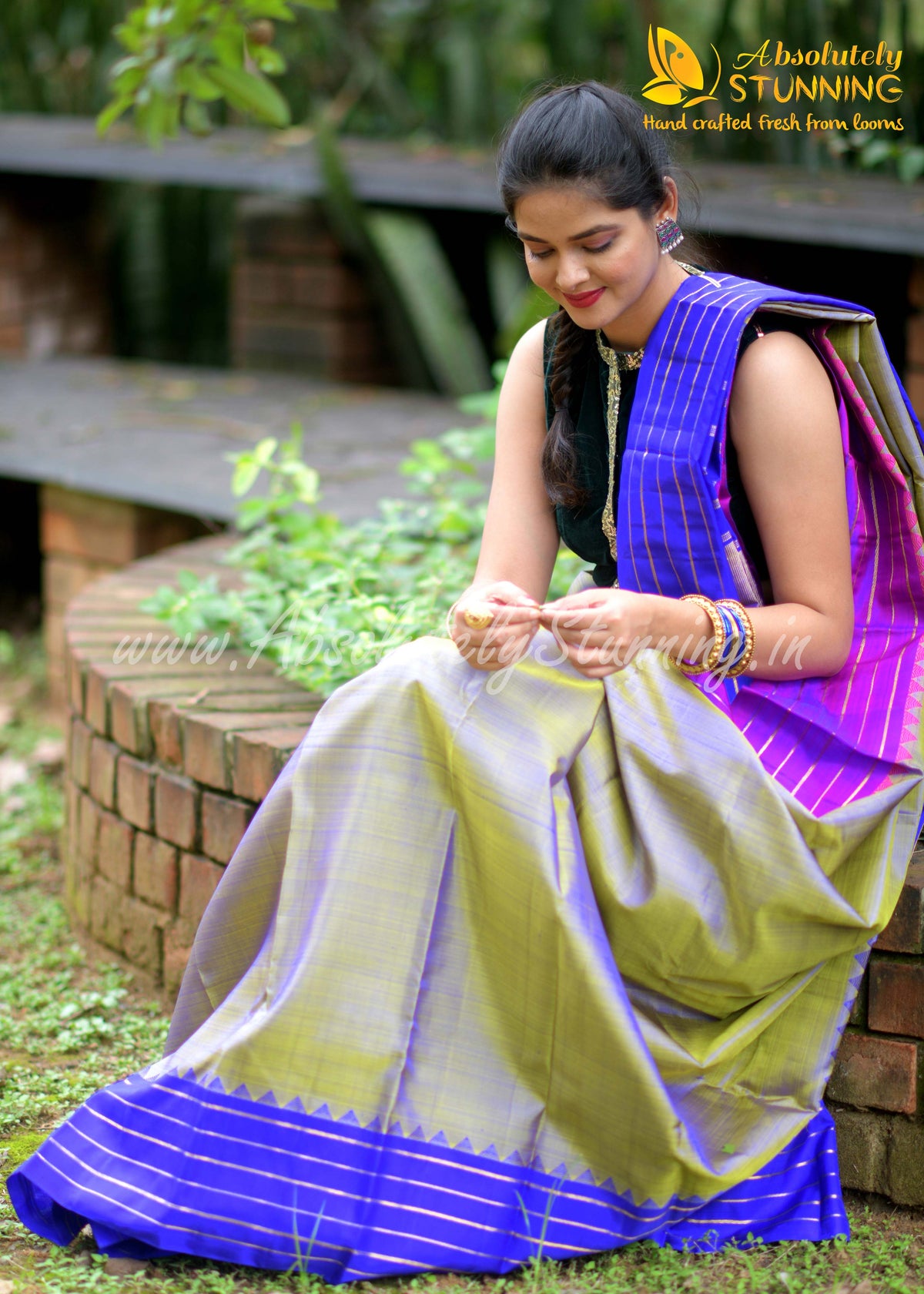 TRIVARNAM Hand Woven Tricolour Golden Mustard
