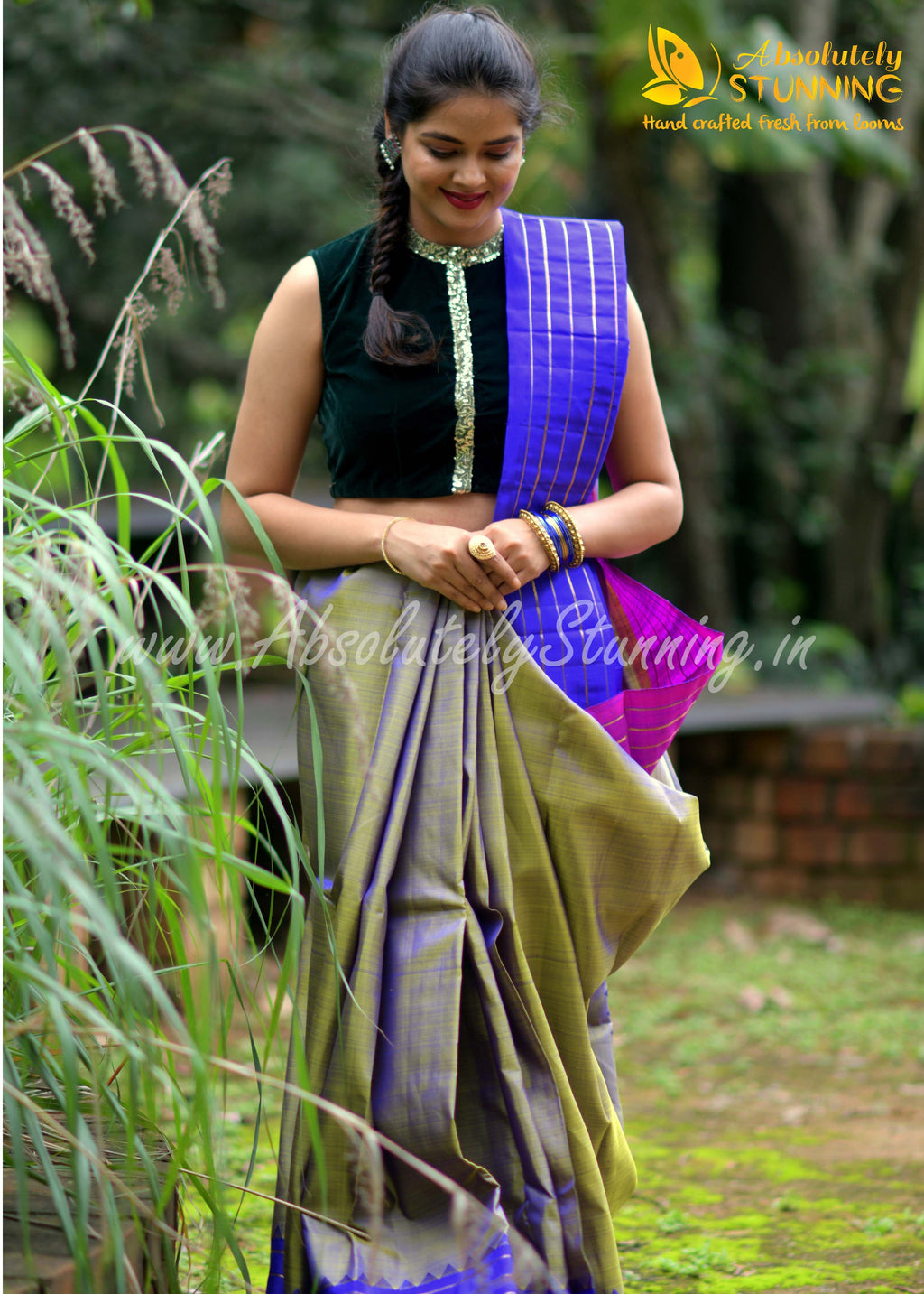 TRIVARNAM Hand Woven Tricolour Golden Mustard