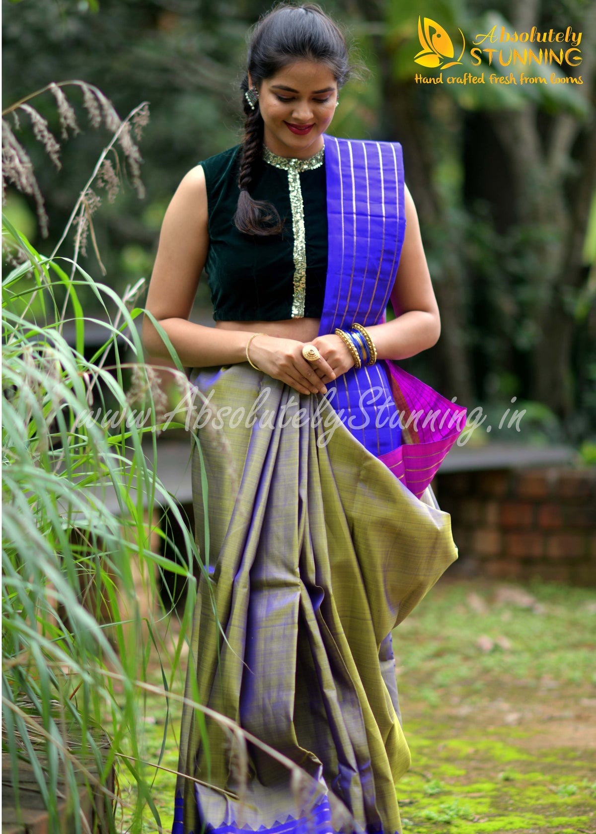 TRIVARNAM Hand Woven Tricolour Golden Mustard