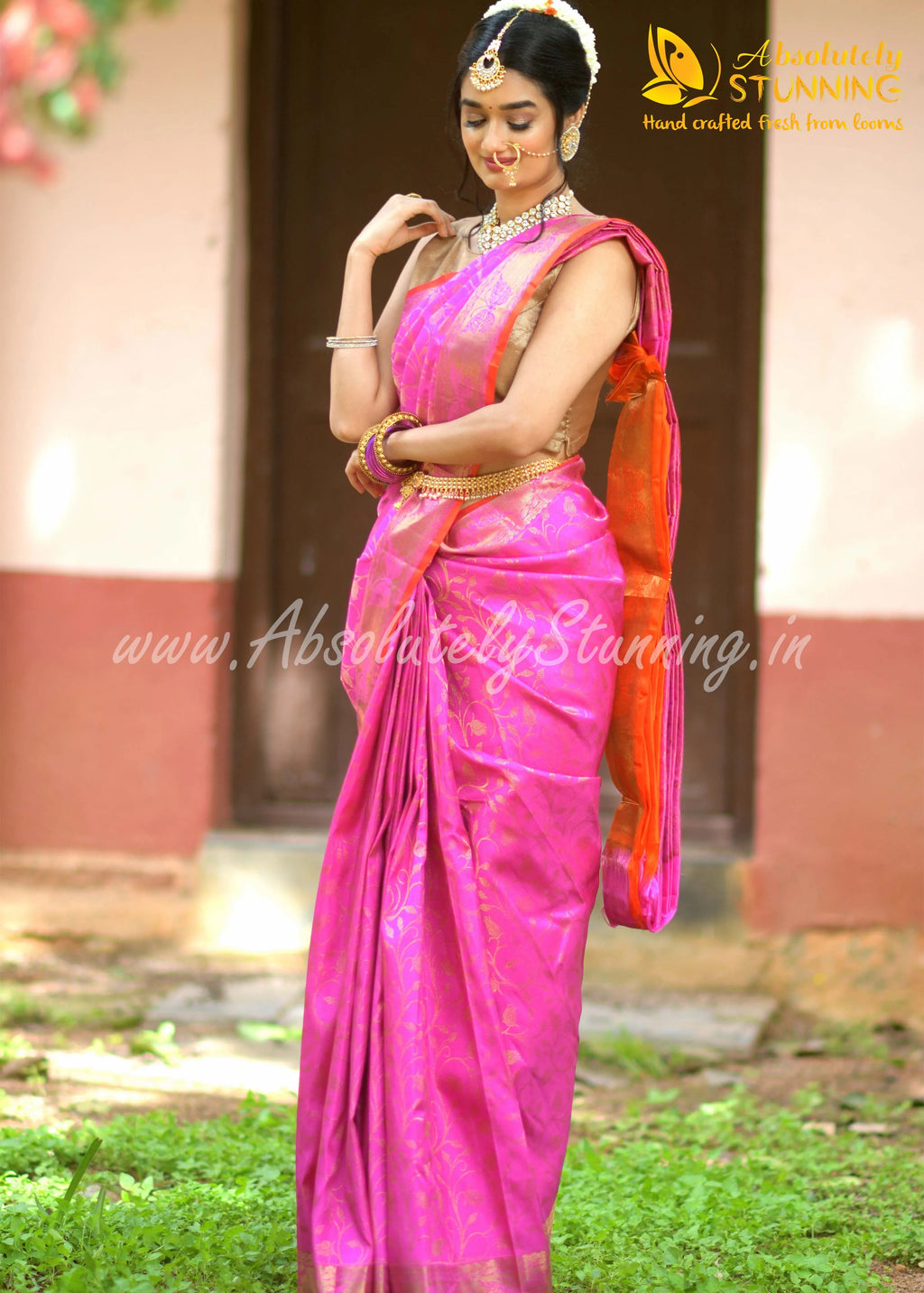 ROJAVANAM Hand Woven Bright Rose Pink Bridal