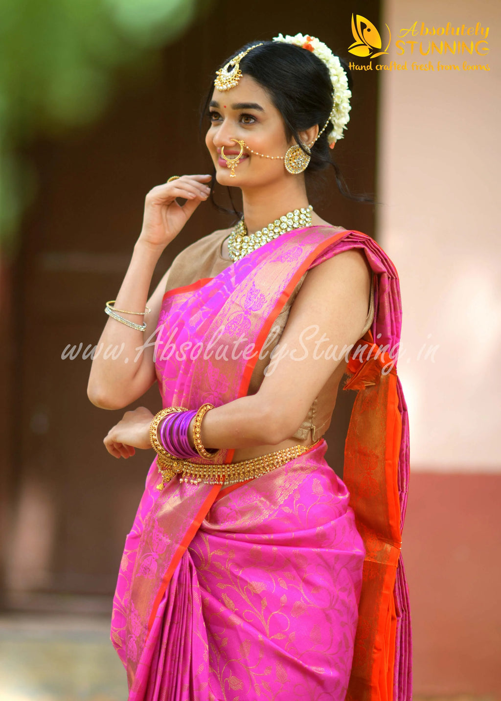 ROJAVANAM Hand Woven Bright Rose Pink Bridal
