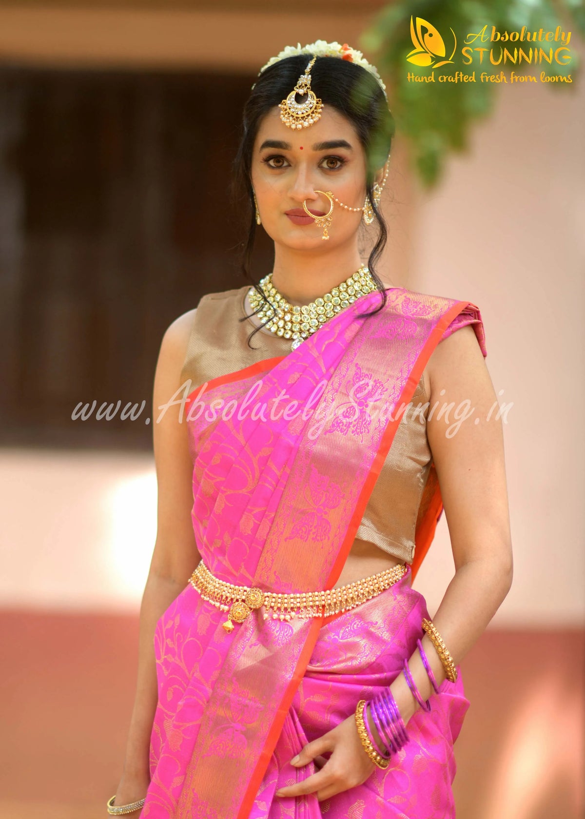 ROJAVANAM Hand Woven Bright Rose Pink Bridal