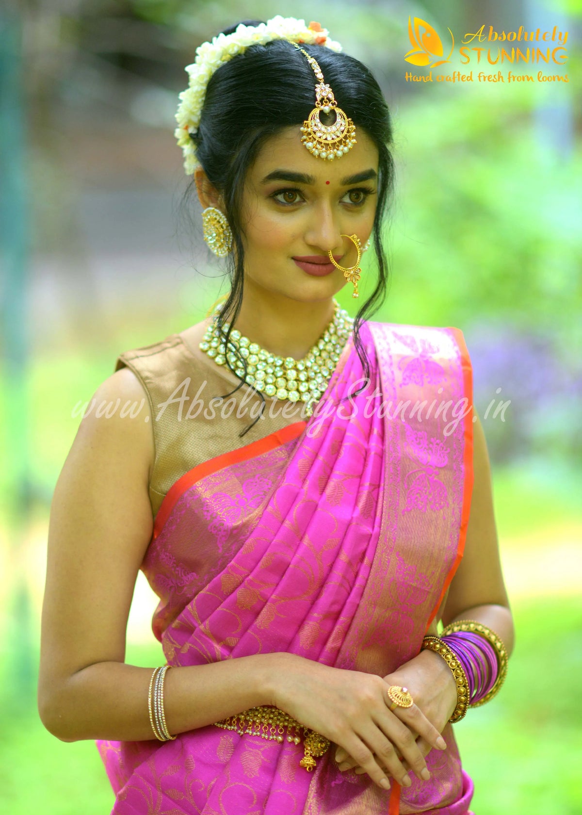 ROJAVANAM Hand Woven Bright Rose Pink Bridal