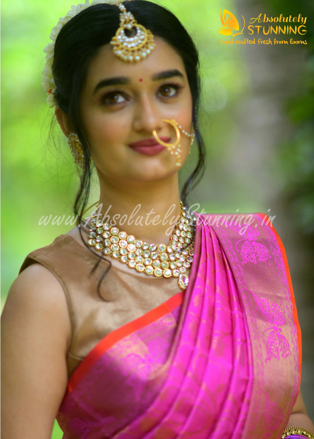 ROJAVANAM Hand Woven Bright Rose Pink Bridal