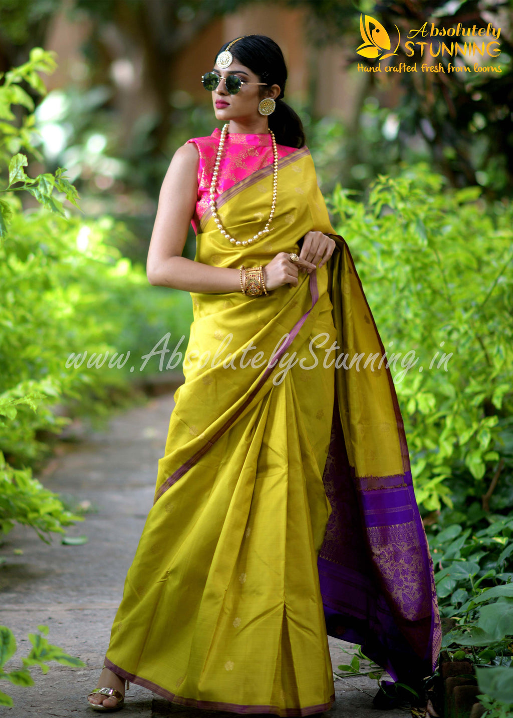 PARIJATHAM Hand Woven Yellowish Green Floral Motif