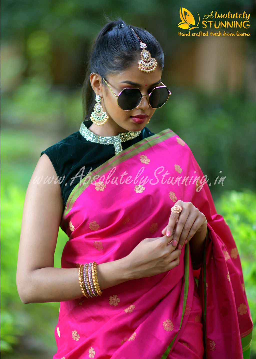 PARIJATHAM Hand Woven Hot Pink Floral Motif