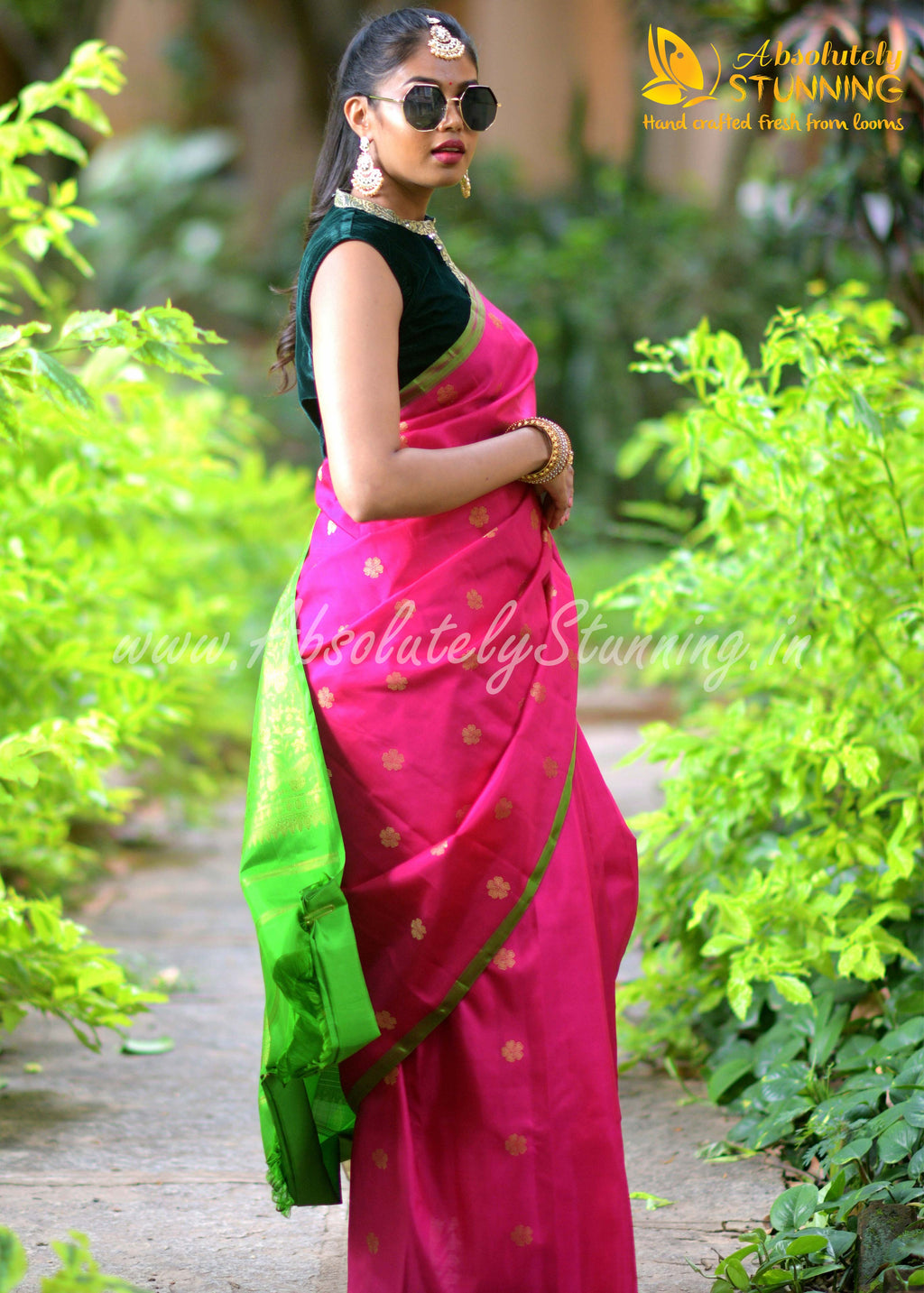 PARIJATHAM Hand Woven Hot Pink Floral Motif