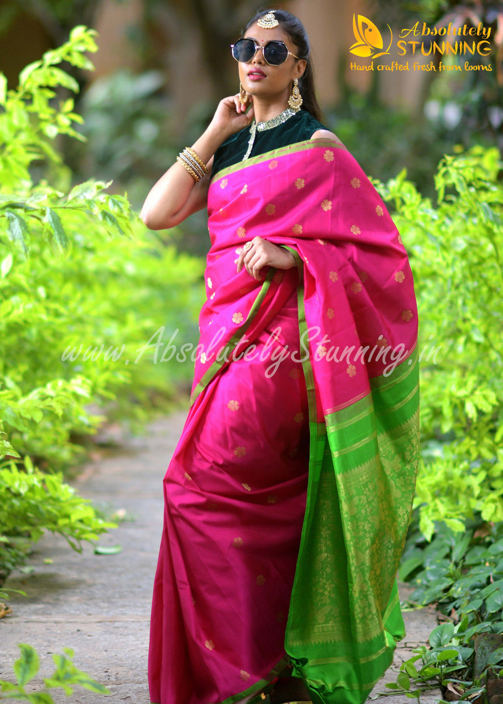 PARIJATHAM Hand Woven Hot Pink Floral Motif