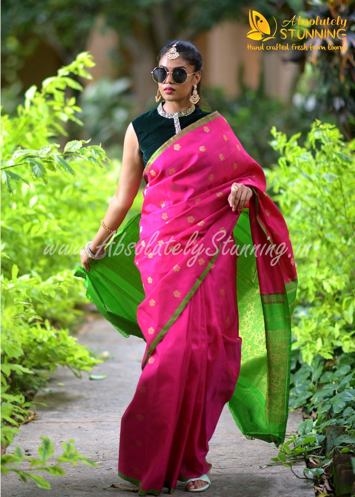 PARIJATHAM Hand Woven Hot Pink Floral Motif