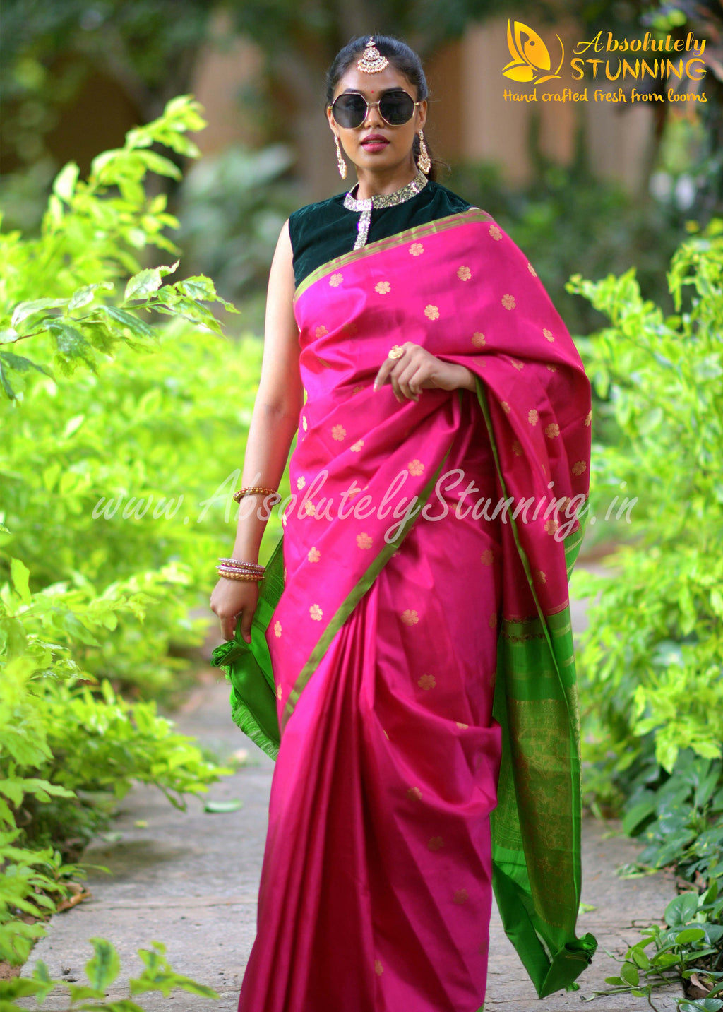 PARIJATHAM Hand Woven Hot Pink Floral Motif