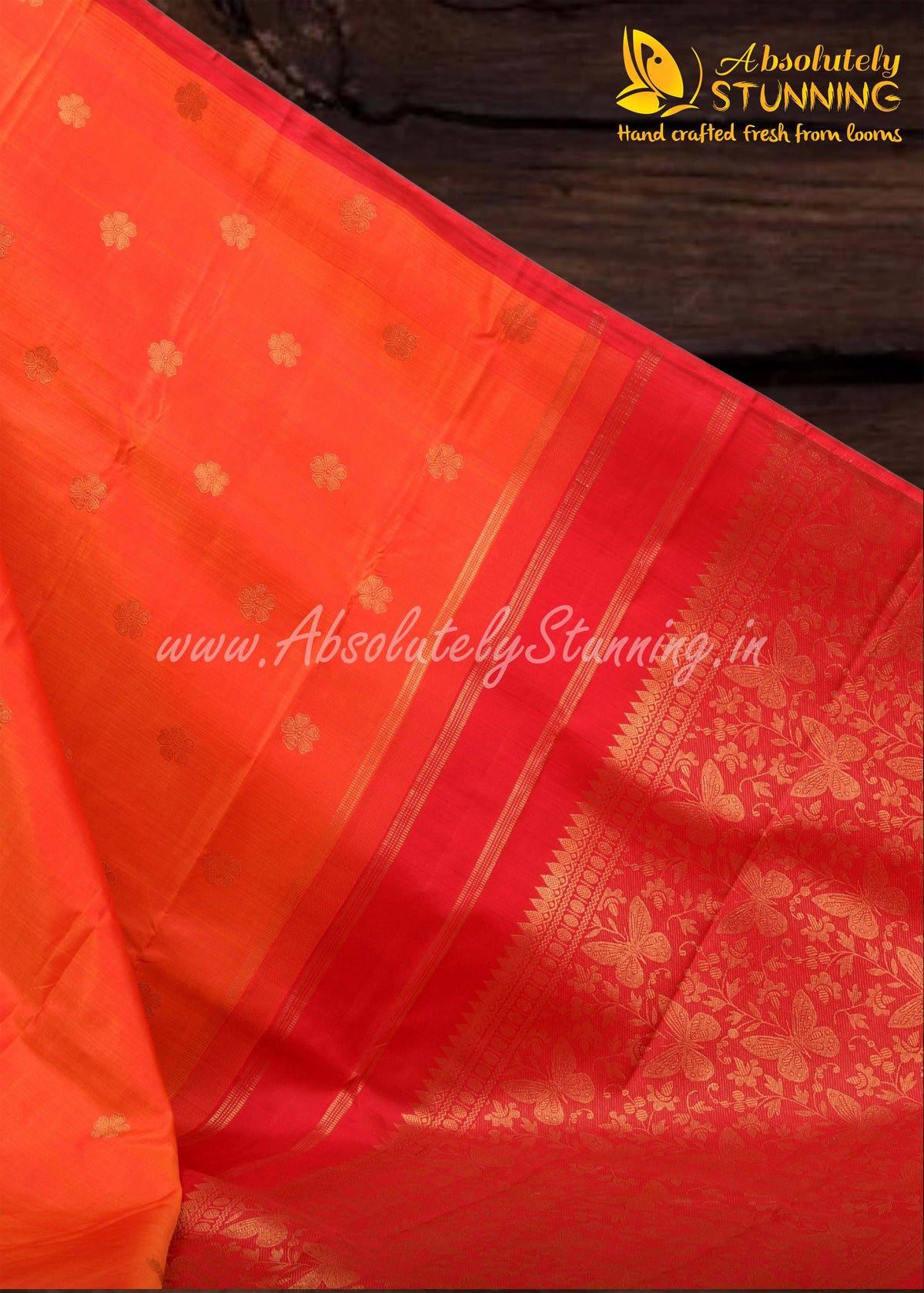PARIJATHAM Hand Woven Fire Orange Floral Motif