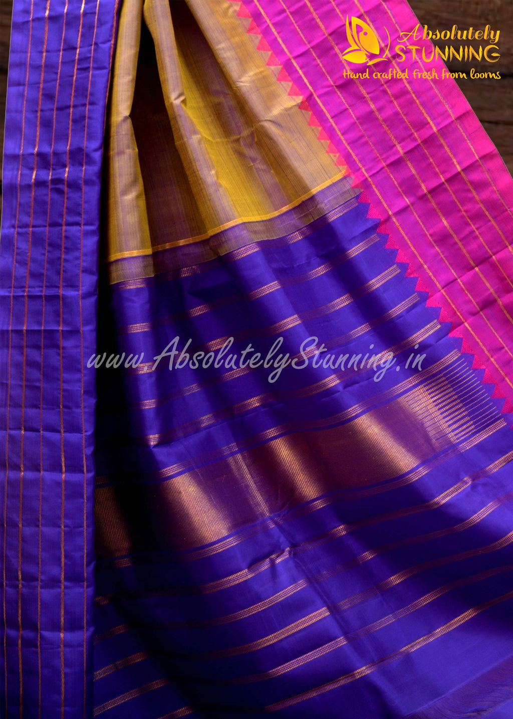 TRIVARNAM Hand Woven Tricolour Golden Mustard