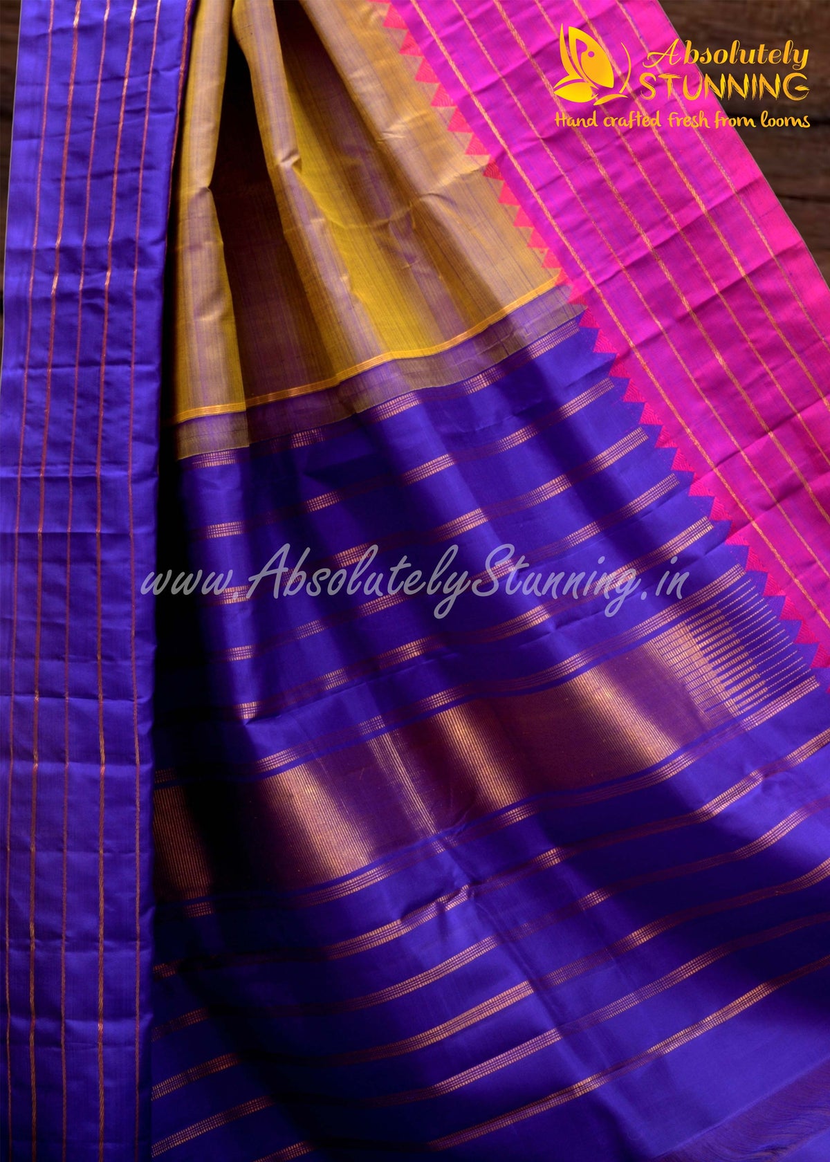 TRIVARNAM Hand Woven Tricolour Golden Mustard